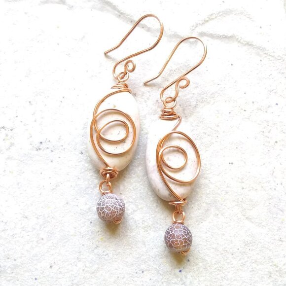 Feminine! Neutral Colors! Natural Stone Beads - Copper Wire Wrapped Design #1 - Picture 1 of 7